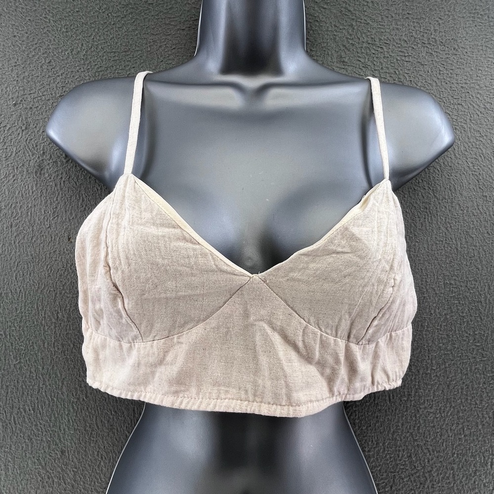 Joyous Women Crop Top Rayon Flax Beige Medium Boho Minimalist Smocked Back